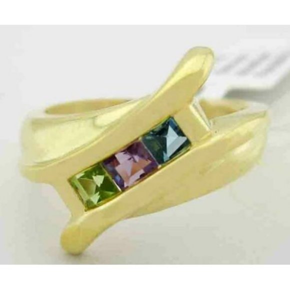Genuine Amethyst Peridot & Blue Zircon Ring 10k Gold